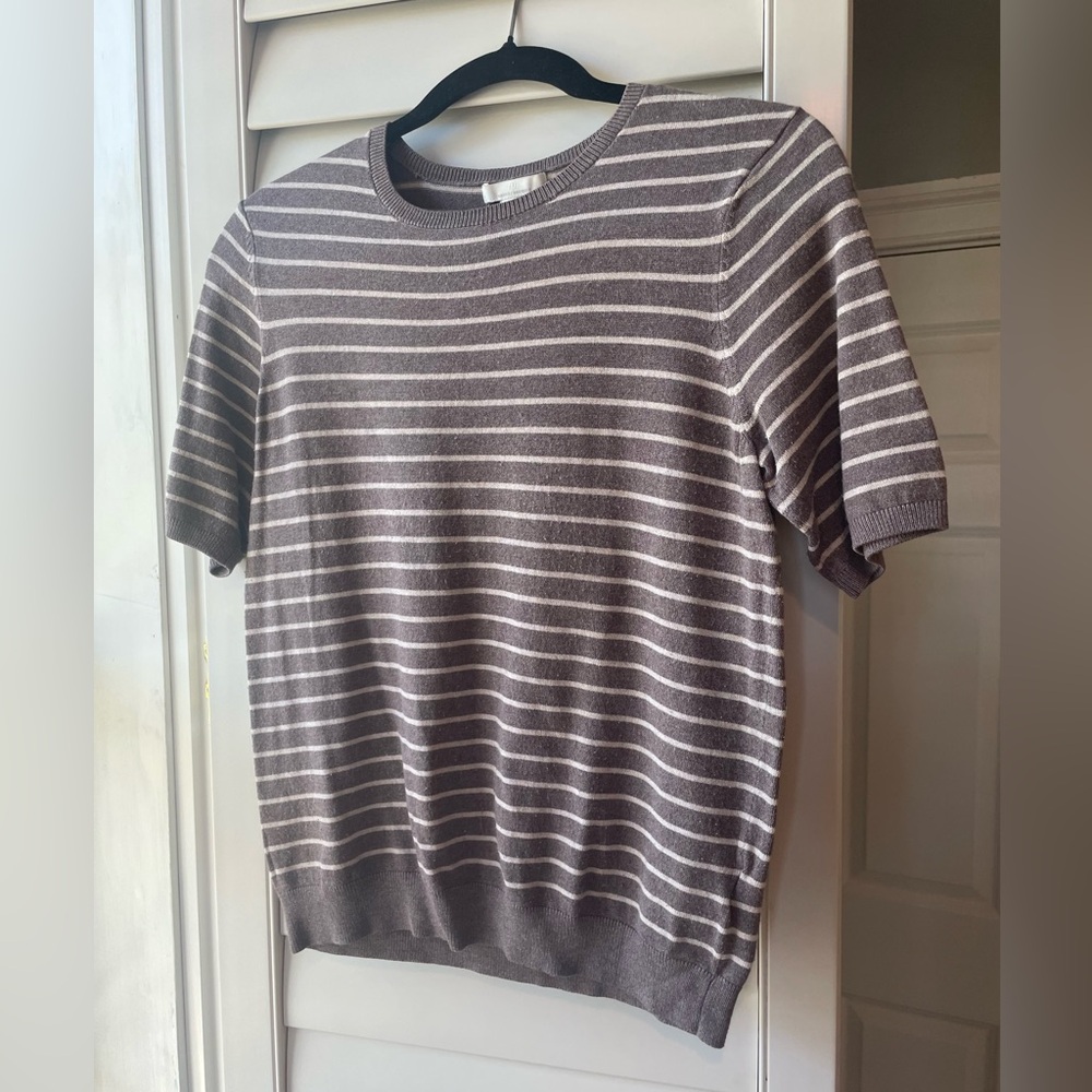 H&M Basics Taupe & White Short Sleeve Sweater SzL